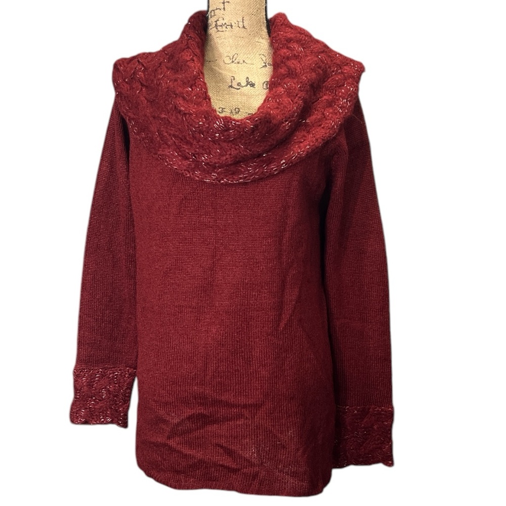 Questions by Say What EC  Maroon & silver thread throughout cowl neck & cuffs